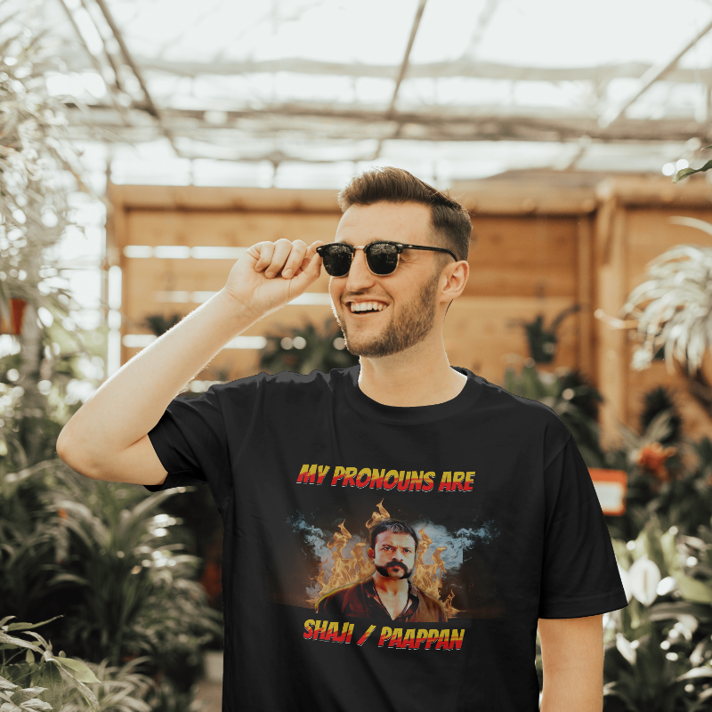 Aadu Shaji Pappan cult hero meme t shirt – My pronouns are Shaaji Paapan design – Petrocrib